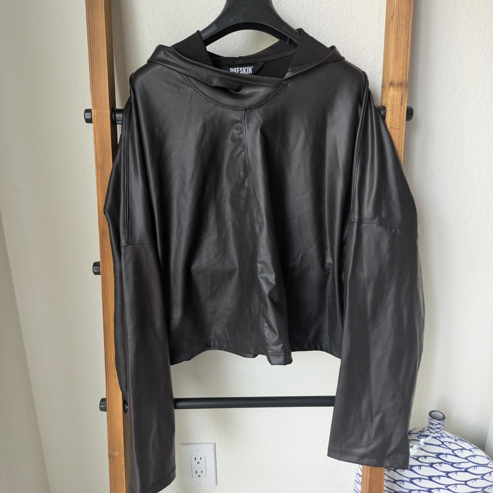 Rufskin Men's Brown Faux Leather Cropped Hoodie - Size M/L